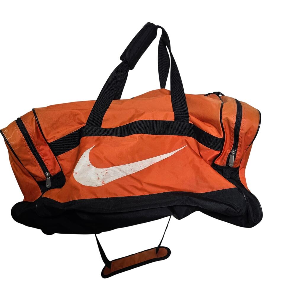 Nike Swoosh Gym Travel Duffle Bag Multiple Compartments Adjustable Strap Orange